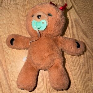 Brown Plush Teddy Bear with Mint Pacifier and Red Bow